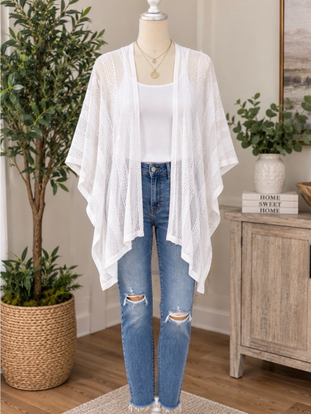 Lightweight White Open-Knit Kimono Cardigan - White shimmer
